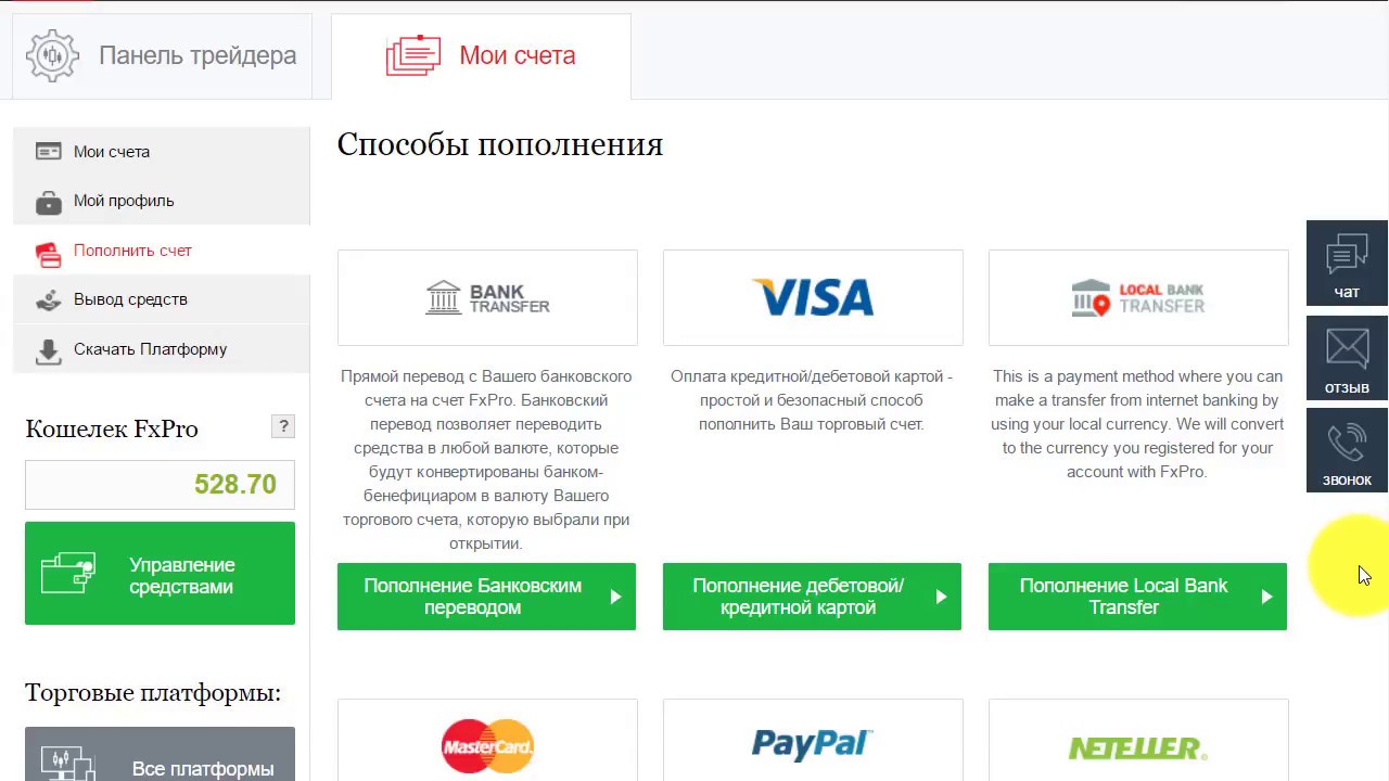 Открыть и пополнить торговый счет MT4  в FxPro