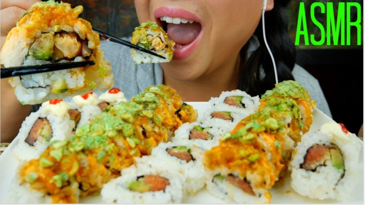 ASMR Spicy TUNA & Shrimp Tempura Sushi Roll ♥ Spicy Mayo Sauce ♥ 먹방 No Talking suellASMR