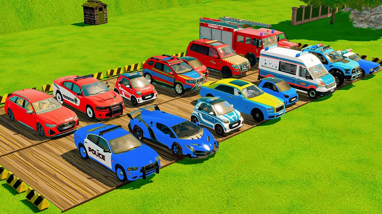 TRANSPORTING CARS, AMBULANCE, POLICE CARS, FIRE TRUCK OF COLORS! WITH TRUCKS! - FS 22