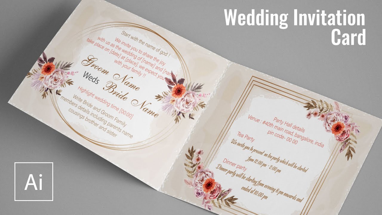 Wedding Invitation Card Design In Illustrator | Marriage Invitation Card Design and realistic view