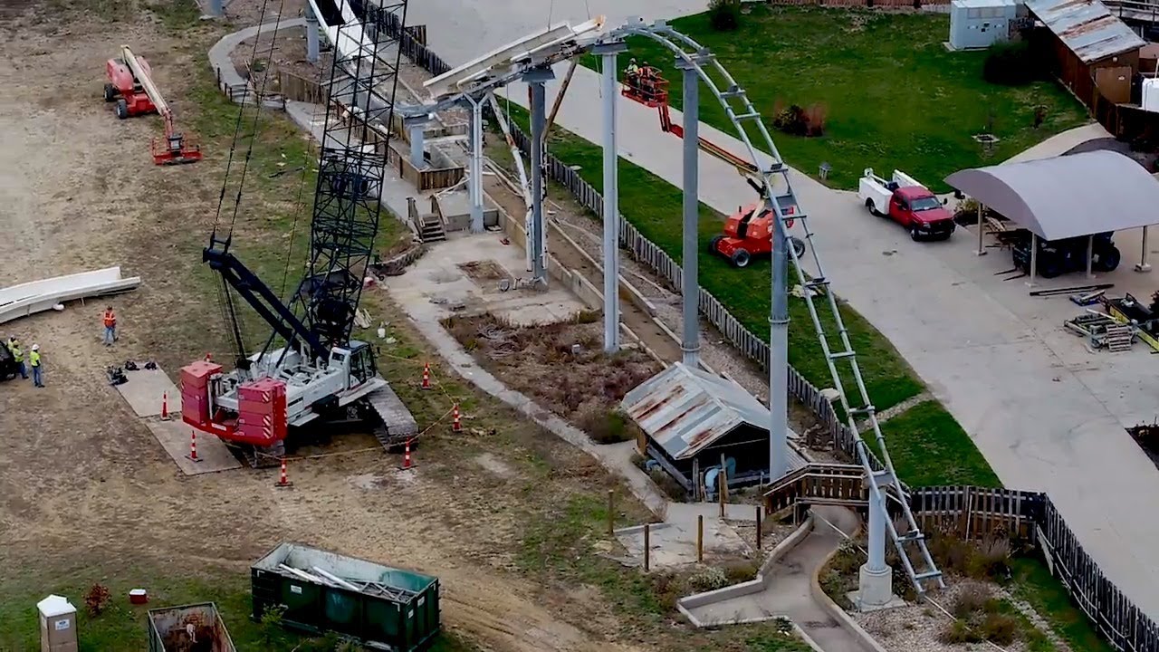 Aerial view of deadly Verrückt water slide being dismantled at Schlitterbahn