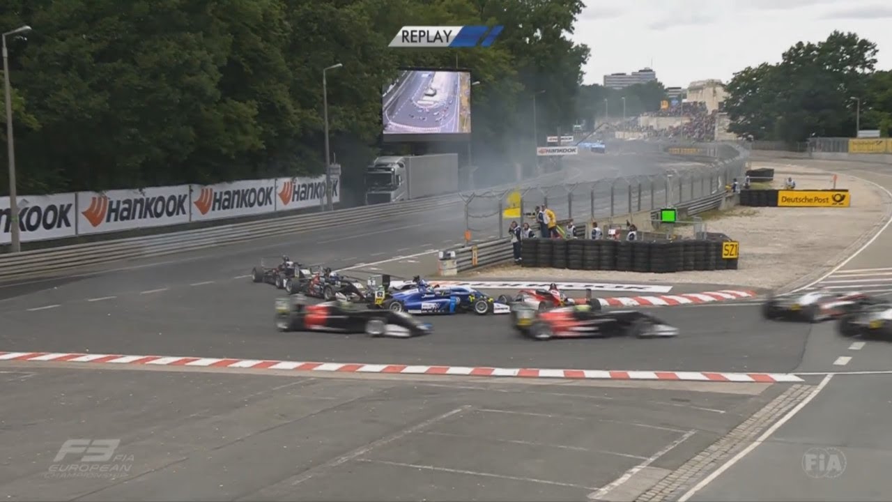 FIA Formula 3 European Championship 2017. Race 1 Norisring. Start Crash