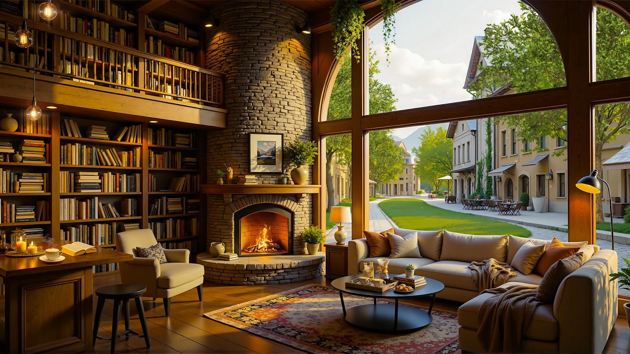 Morning Coffee Jazz ☕ Cozy Bookstore Ambience with Soothing Jazz Music & Fireplace Sounds to Relax