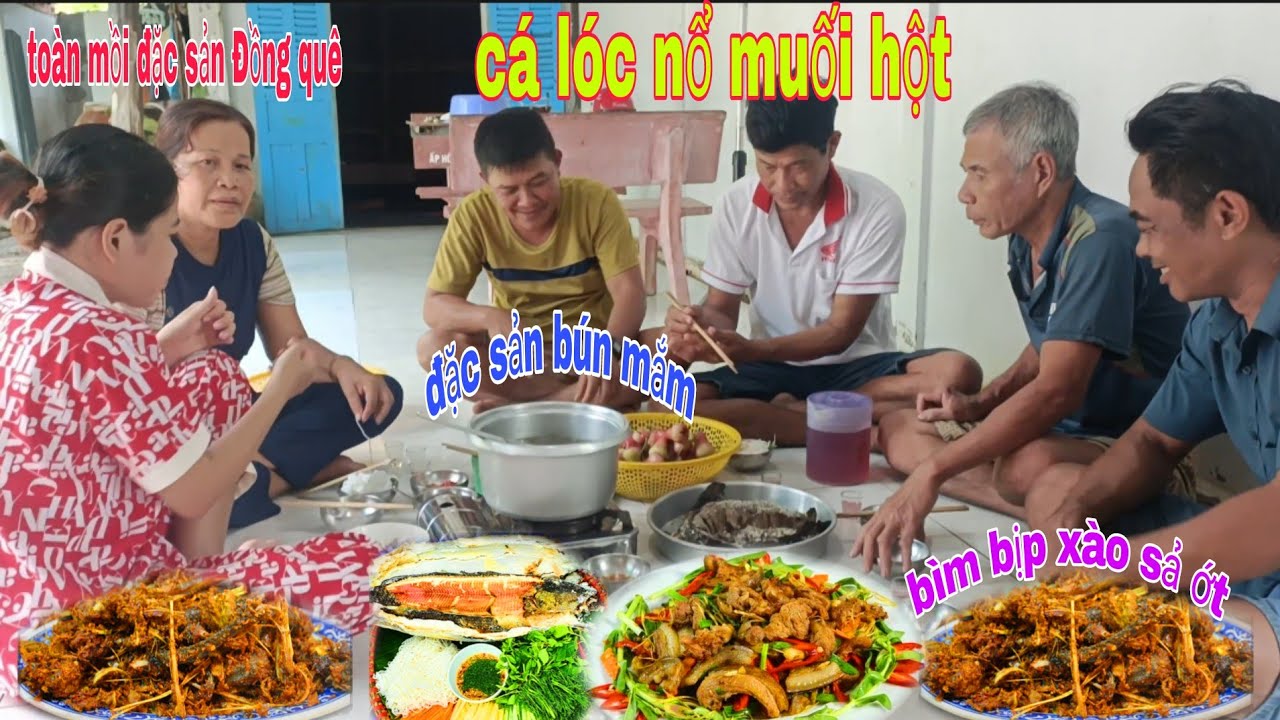 Bìm bịp xào sả ớt với cá lóc nổ muối hột. Thêm nồi đặc sản miền Tây bún nước lèo. Toàn là mồi đồng.