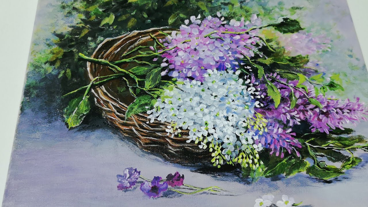 Colourful Lilacs in  Basket __Acrylic Painting ||Step by Step Tutorial
