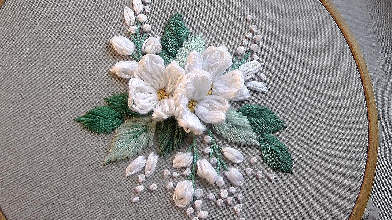 Realistic 3D Jasmine Hand Embroidery White Flowers Stitch Design