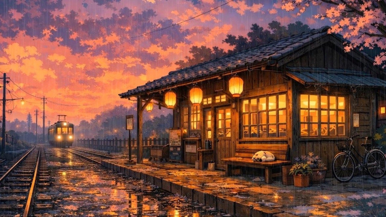 (NO ADS) Rainy Japanese Train Station 🚉 Cozy Evening Lofi Beats 🌧️ Study / Relax Music