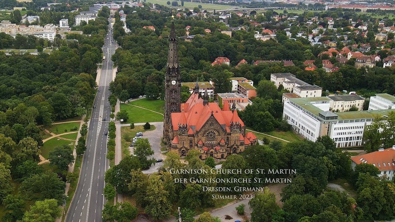 4K Bird's view of Garnison Church of St. Martin of Dresden, Dresden, Germany
