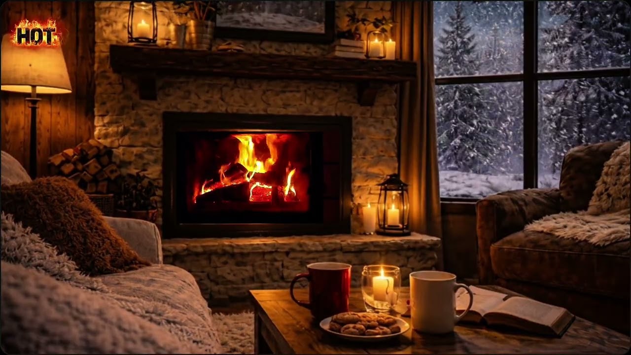 Cozy Fireplace for Studying 📚 Crackling Fire Sounds & Snowy Night