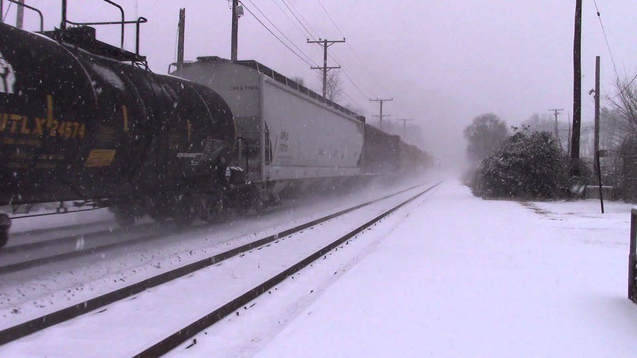 CSX Freight Train in Heavy Snow w/ Chugging Smoke