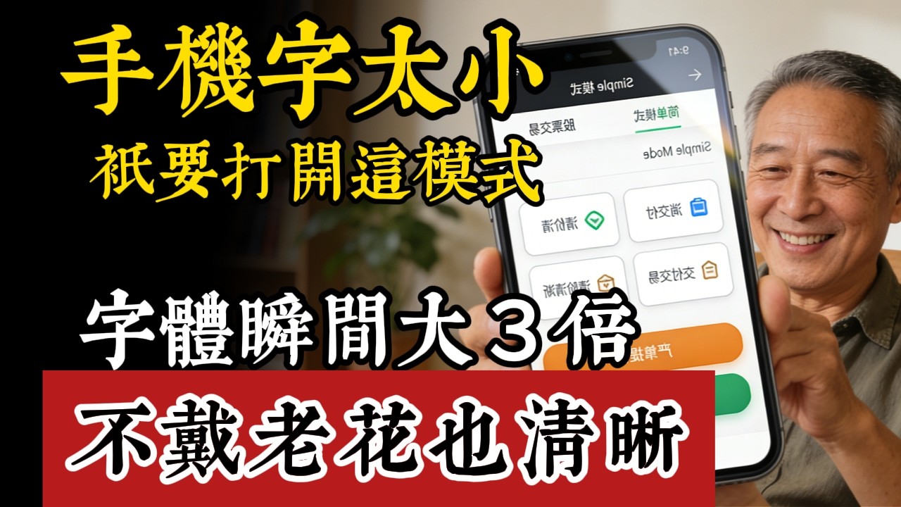嫌手機字太小看不清？別光調字體！打開這個「老人模式」開關，文字瞬間放大3倍，免戴老花眼鏡也超清楚！
