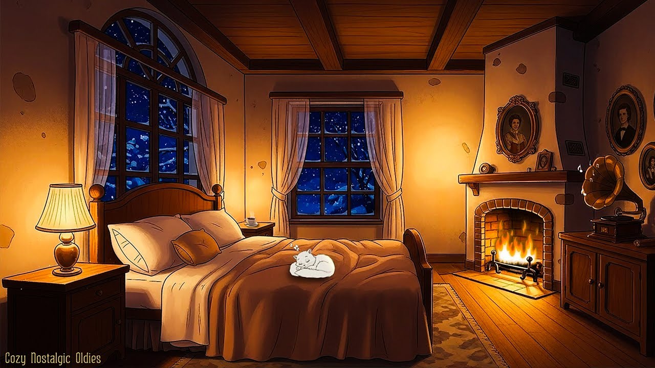vintage oldies playing in another room and it's snowy | warm crackling fireplace for relax, sleep