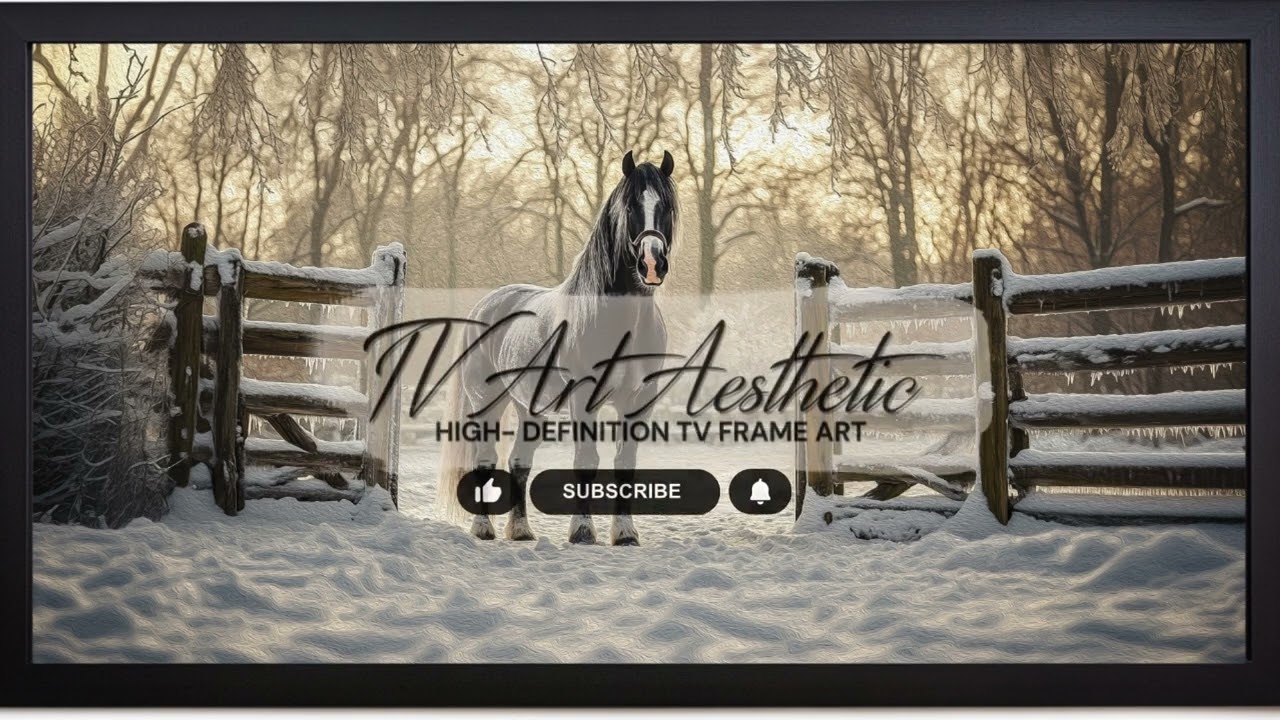 Frame TV Art | Black and White Clydesdale Horse Standing in the Snow at Fence | Winter Screensaver