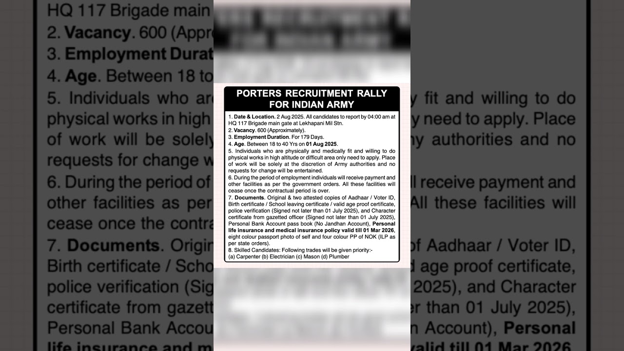 Indian Army Porters Recruitment Rally 2025 | 600+ Vacancy | Lekhapani Military Station Rally Details