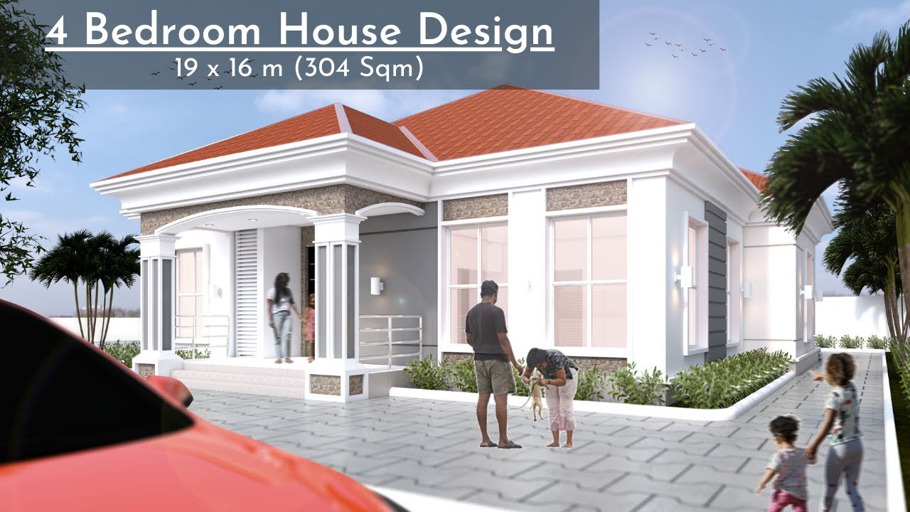 Bungalow House Design with 4 bedrooms (19x16 Meters)