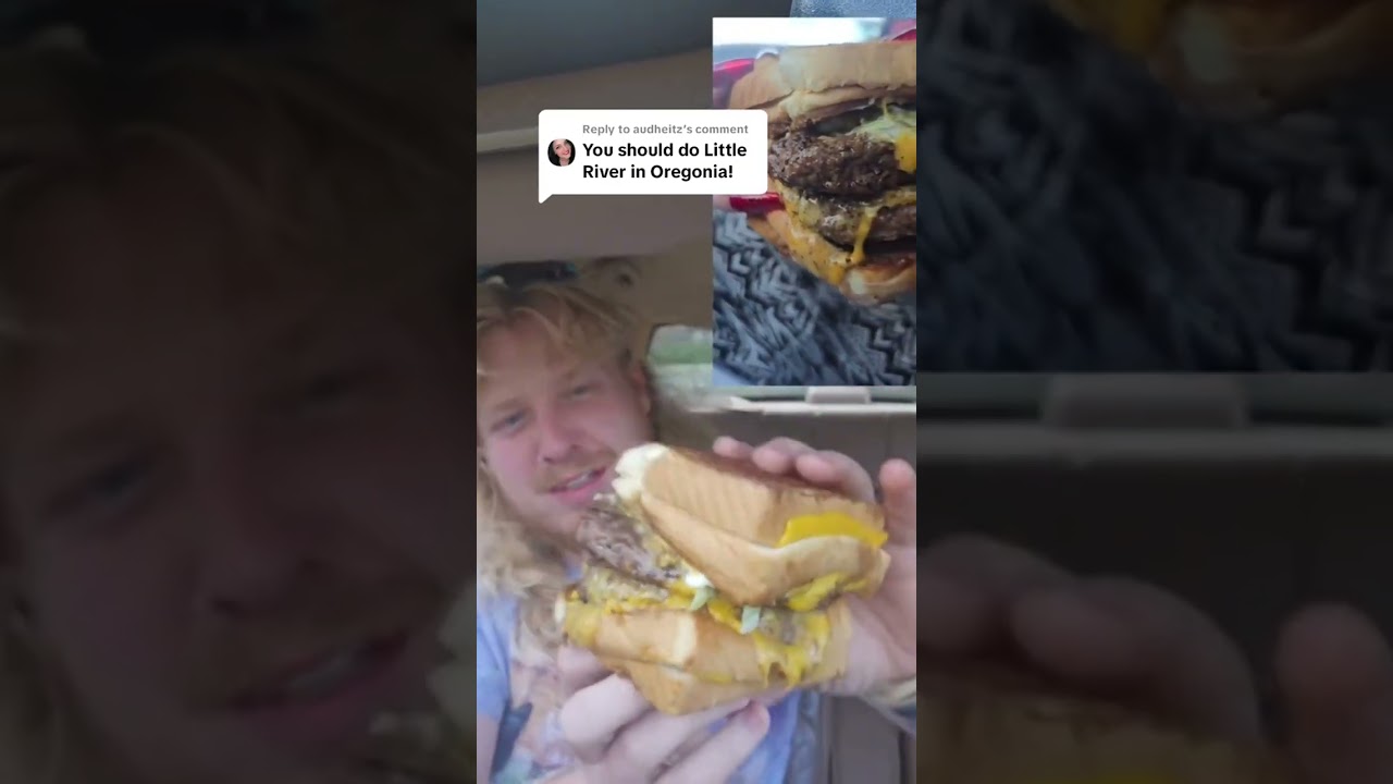 Hot blonde eats a donk a Grilled cheese hamburgerin the parking lot of River Bar and Grill in