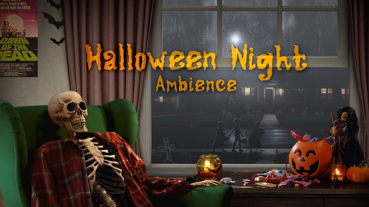 Halloween Night Ambience from an Open Window | Wind, Crows, Owls, Leaves, People, Calm Spooky Sounds