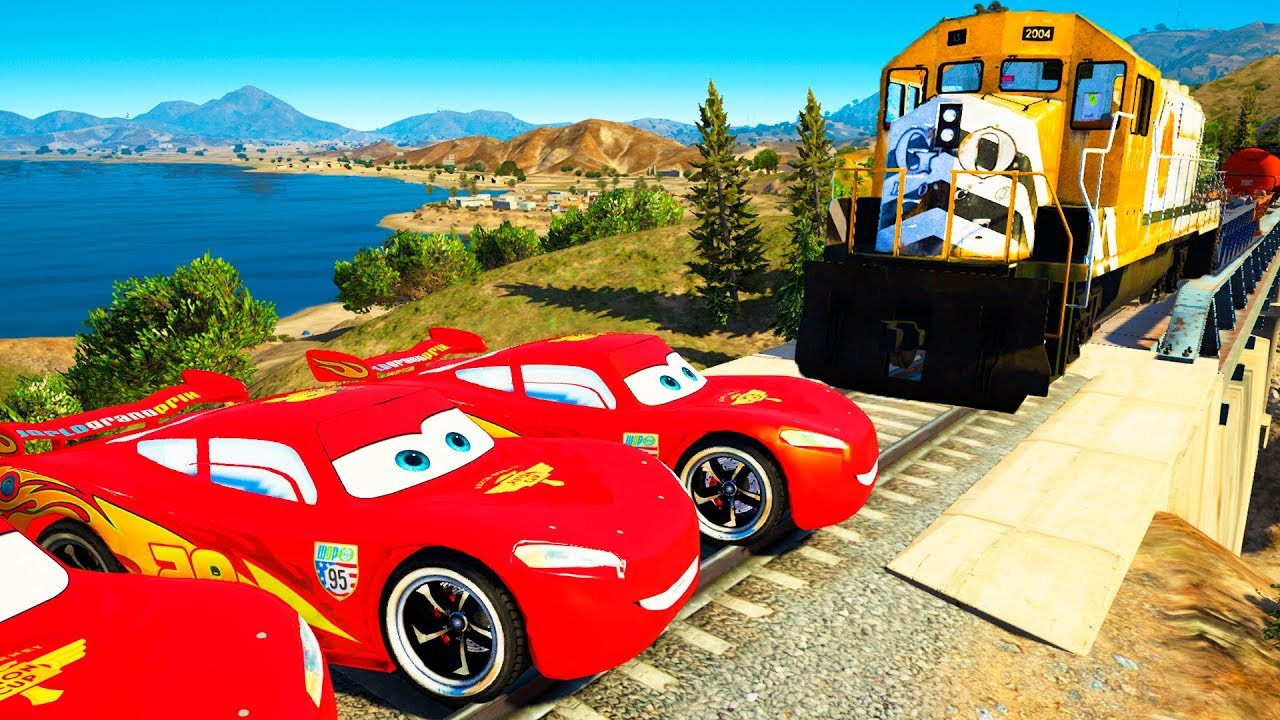 CAN 20 MCQUEEN CARS STOP THE TRAIN!?(YES) | Trains for Kids with Spiderman GTA 5 Gameplay