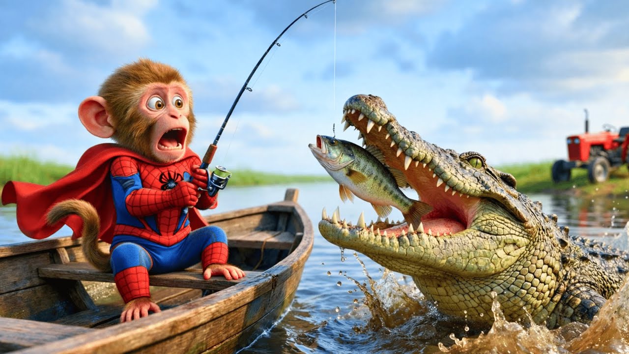 😱🐊 Baby Monkey Goes Fishing — A CROCODILE Suddenly Attacks! Tractor Rescue Shocks Everyone 🚜