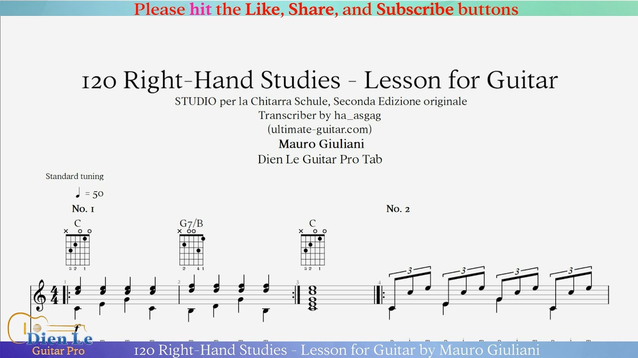 120 Right-Hand Studies - Lesson for Guitar by Mauro Giuliani - For Classical Guitar with TABs