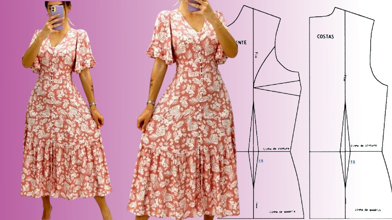 Como Fazer Vestido Midi com Manga Godê(Interpretação de modelo e MOLDE)