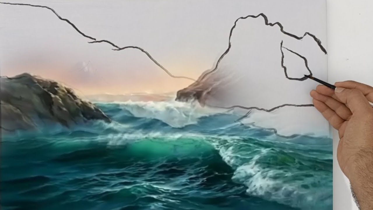 Easy sea waves👆And mountains and rocks  /Landscape acrylic paint for beginners