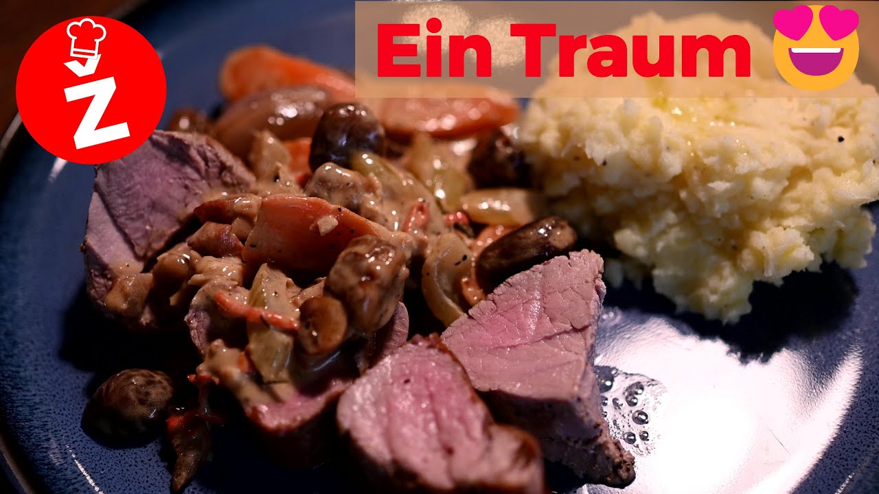 Perfektes Schweinefilet extrem lecker in Szene gesetzt, herbstlich mit Maronen