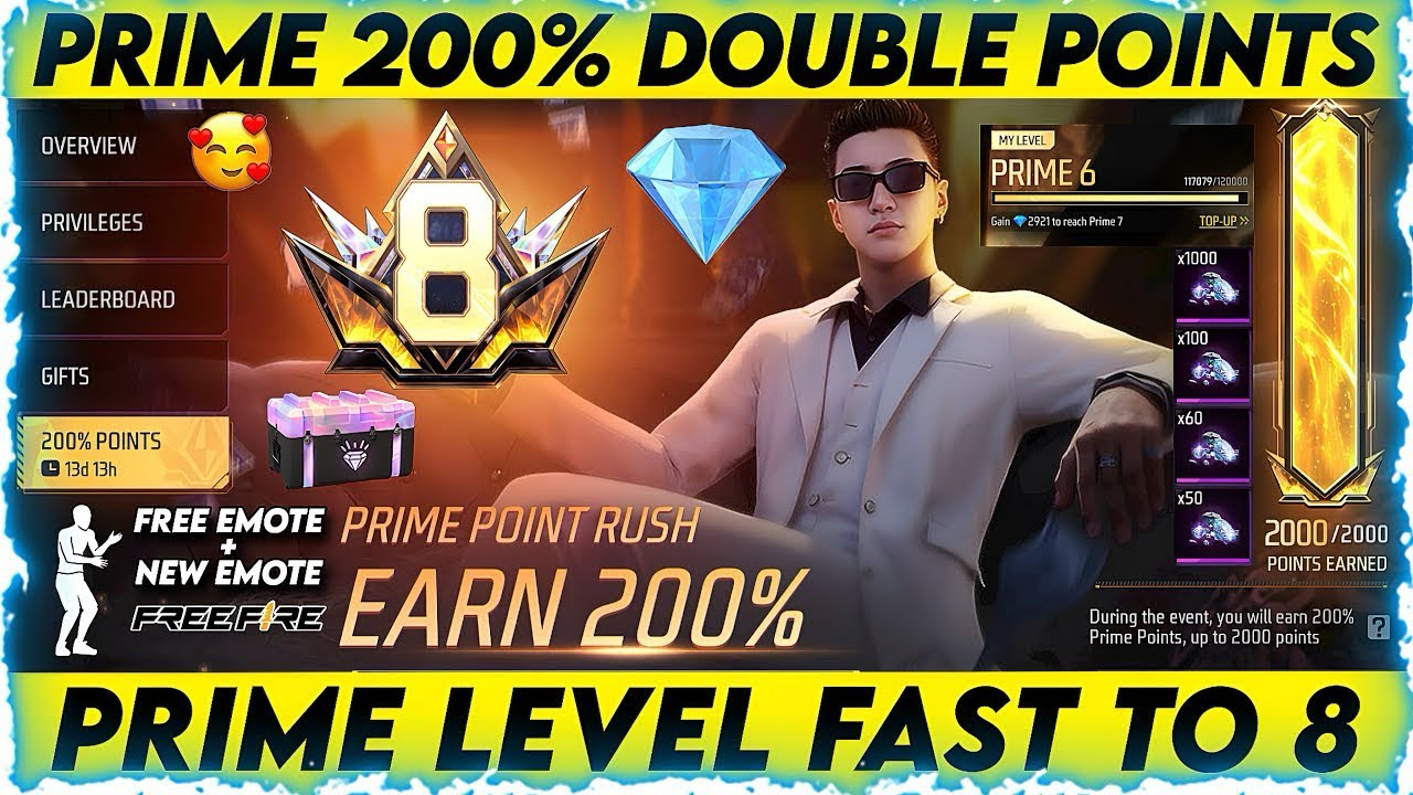"FREE FIRE PRIME POINT RUSH 🔥 Earn 200% Points Fast | Prime Level 8 Rewards + Free Emote"