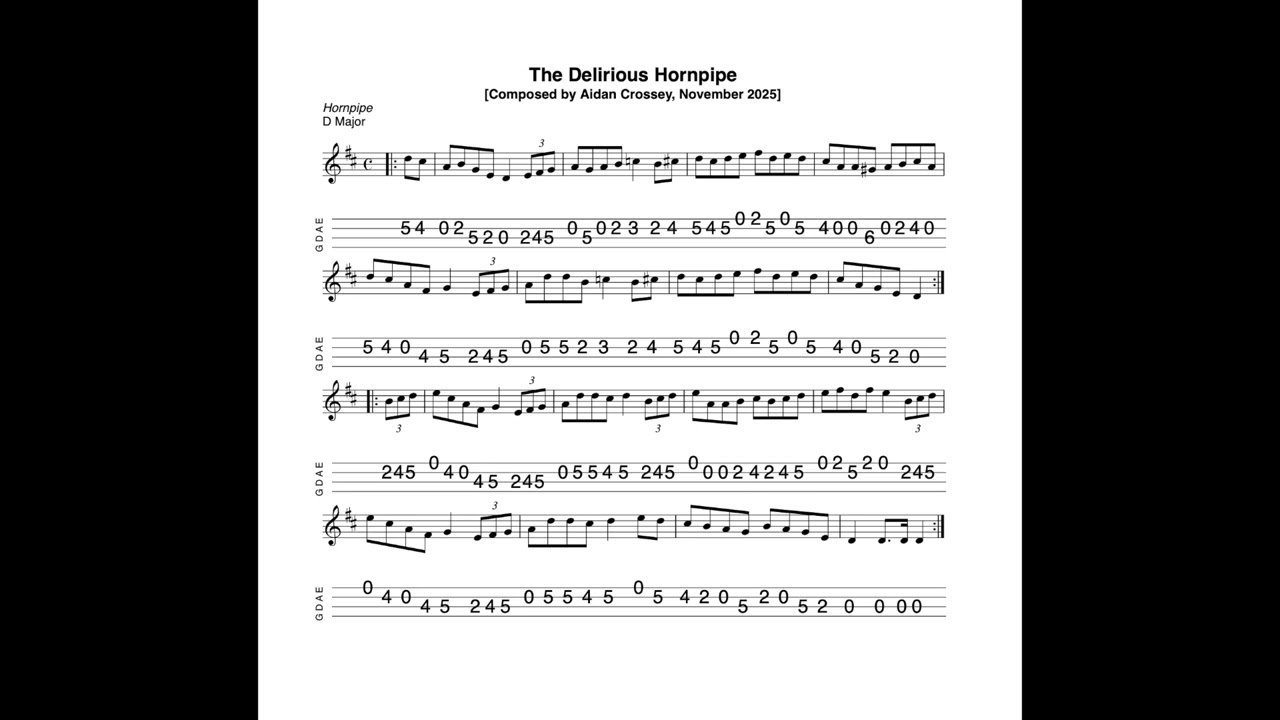 The Delirious Hornpipe - in D Major; composed, tabbed for mandolin and played by Aidan Crossey