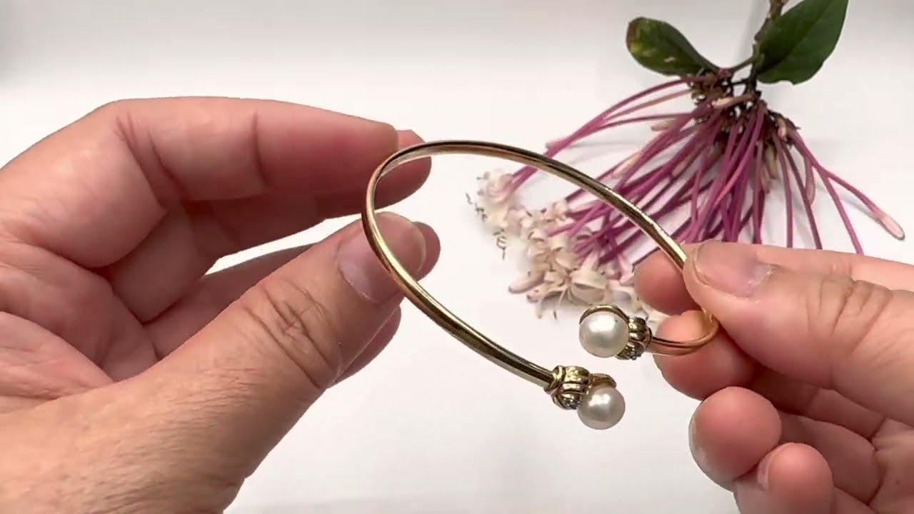 10K Gold Bangle Bracelet | Bypass Cuff Band with Pearl