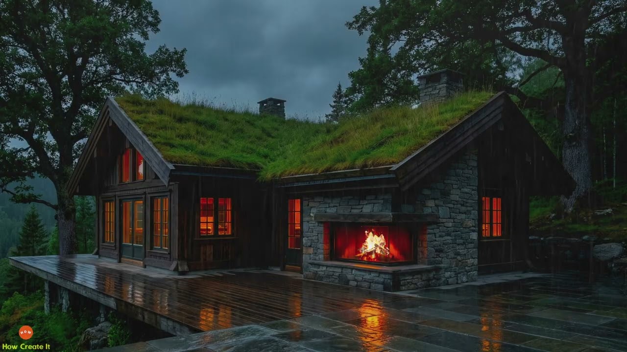 Primal Night Rain with Fireplace & Soft Thunder for Mental Clarity in a Serene Forest Grass RoofHome