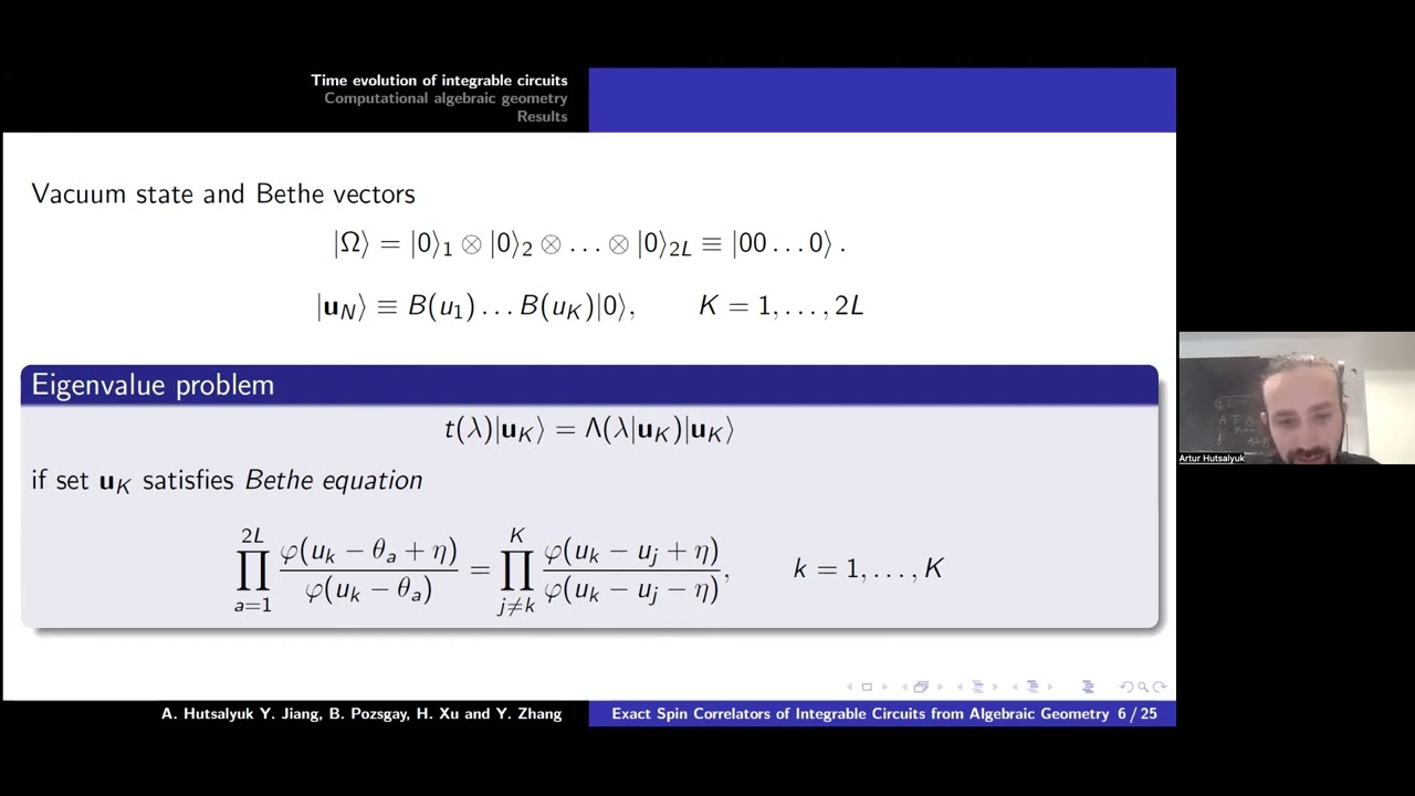 Arthur Hutsalyuk &mdash; Exact Spin Correlators of Integrable Quantum Circuits from Algebraic Geometry