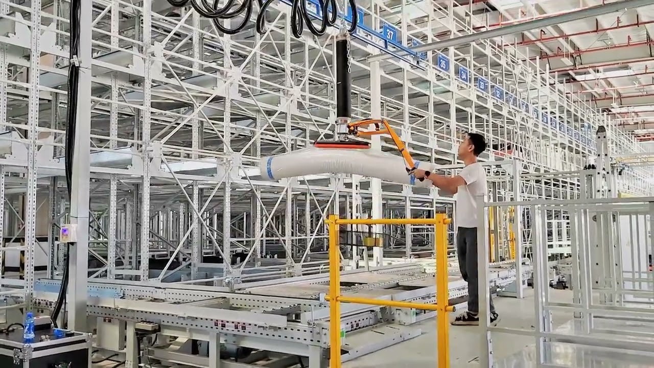 Stacking and handling equipment in logistics warehouse | cowest glass installation robot