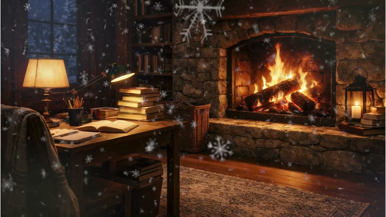 Cozy Fireplace in a Snowy Cabin | Soft Fire Crackling & Winter Night Ambience
