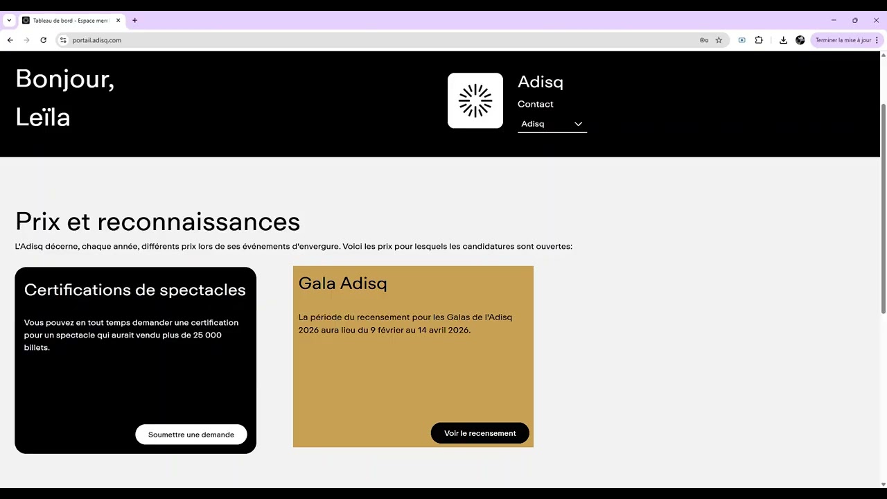 Portail Adisq | Création de compte et mises à jour