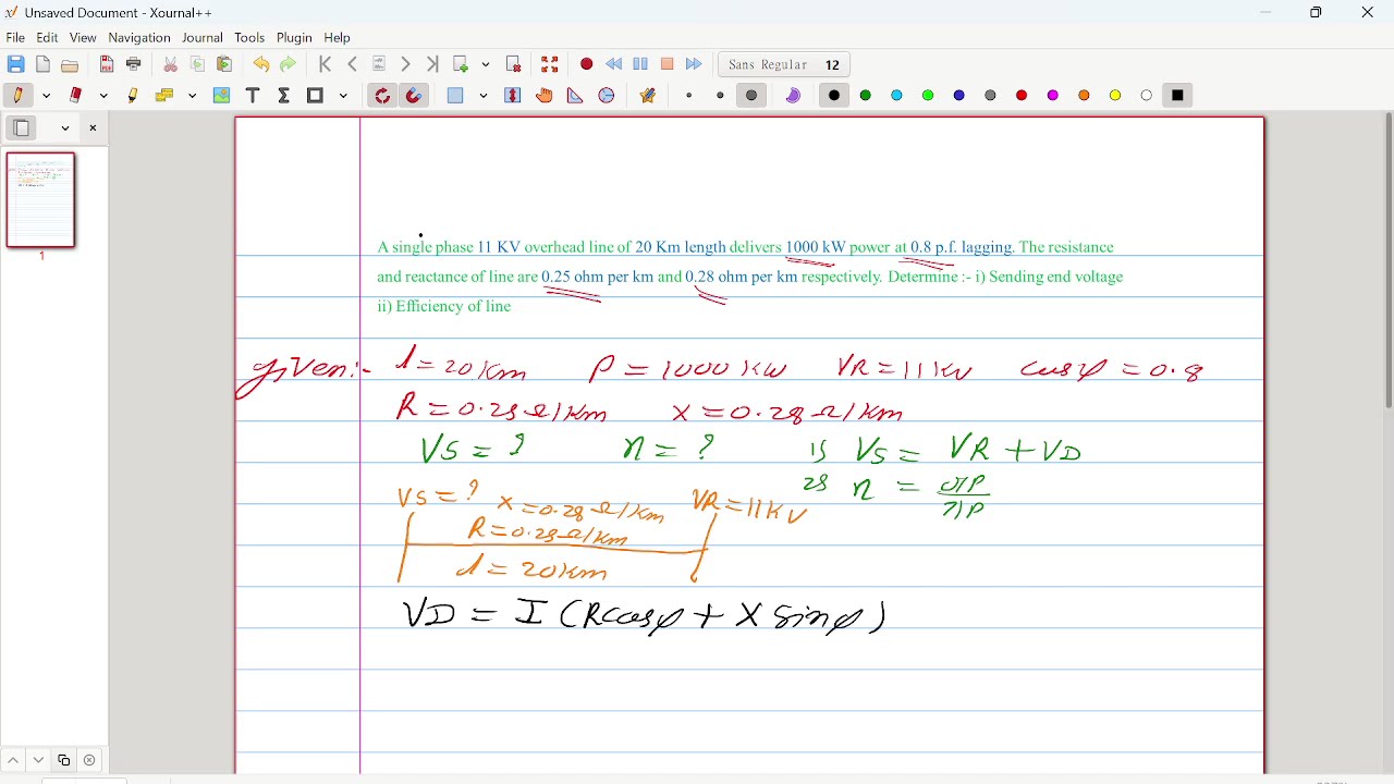 calculate sending end voltage & efficiency of line