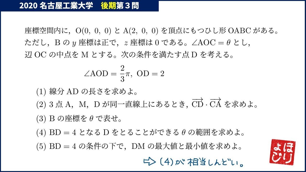 【名工大入試】2020年後期第3問／空間ベクトル
