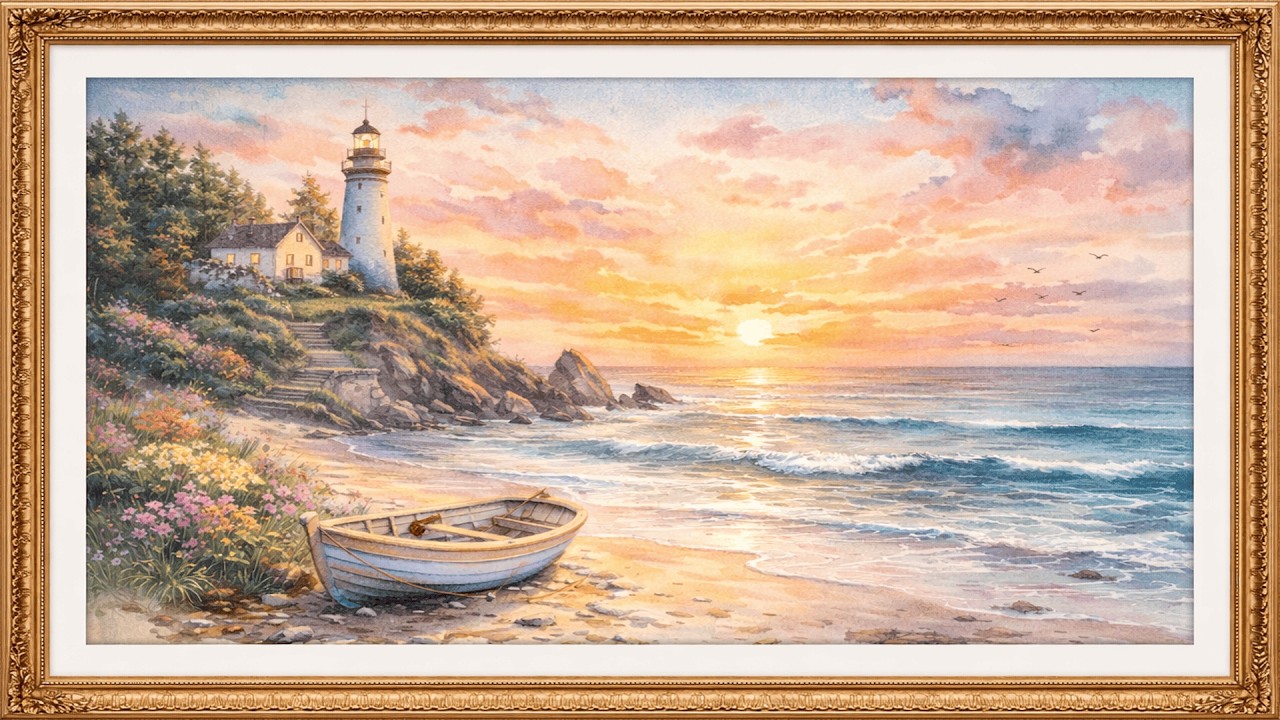 Sunset Lighthouse Gold Frame TV Art | 5 Hours Long | NO ADS | Relaxing Watercolor Artwork