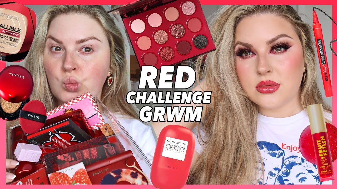 full face of RED PRODUCTS challenge! GRWM 🍒💋🍷🍓