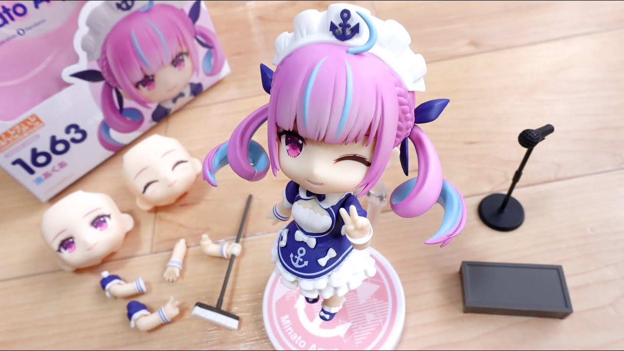 ホロライブ × ねんどろいど始動！湊あくあ レビュー！歌配信っぽいマイクスタンドやホウキ付属！表情パーツや交換腕も沢山付いてくる！あくたん