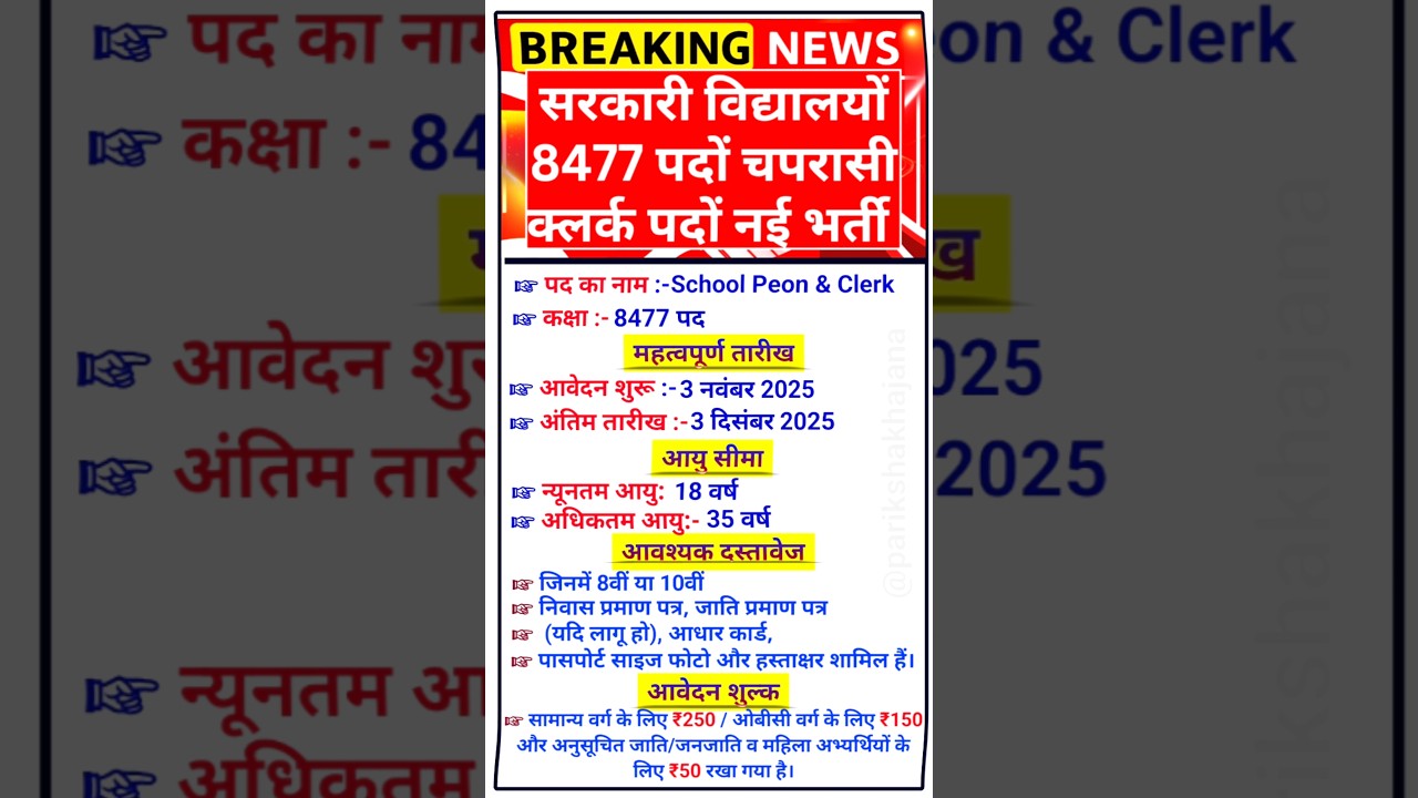 सरकारी विद्यालयों में 8477 चपरासी और क्लर्क पदों पर नई भर्ती, बिना परीक्षा आवेदन शुरू #jobalert