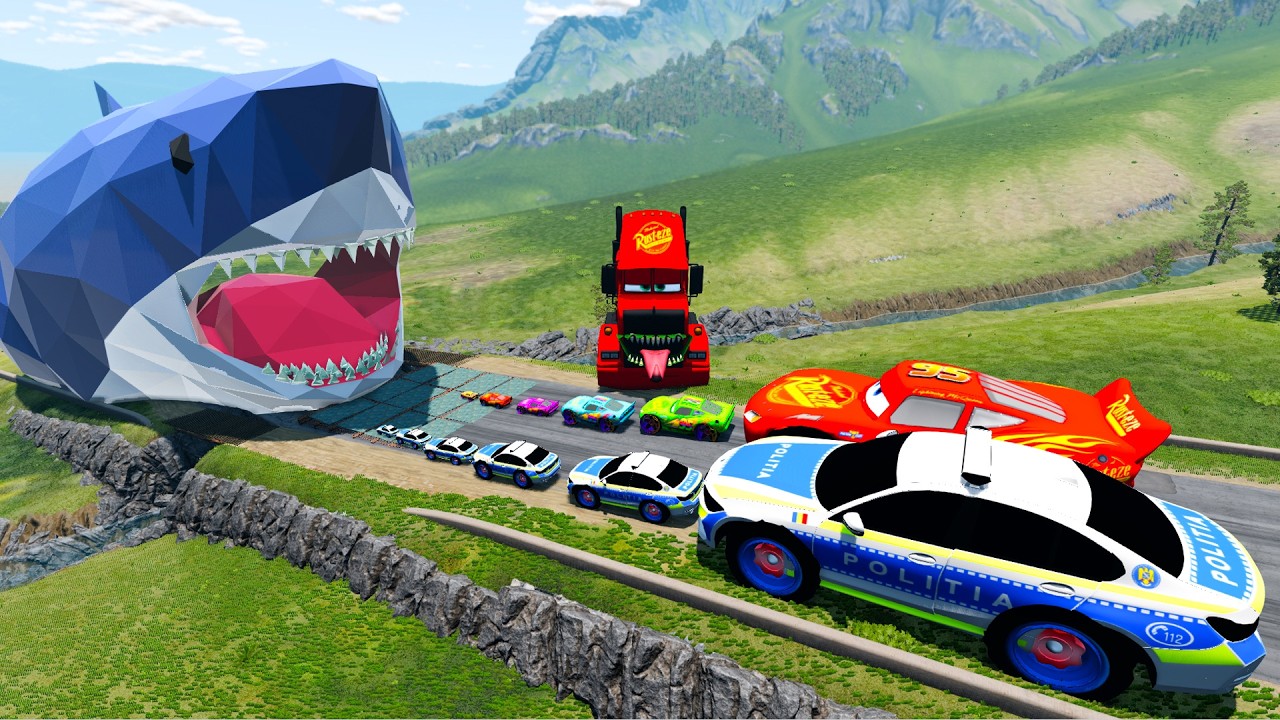 Big & Small McQueen & Police Car vs Zombie Mack, Giant Shark Mouth - Downhill Race | BeamNG.drive