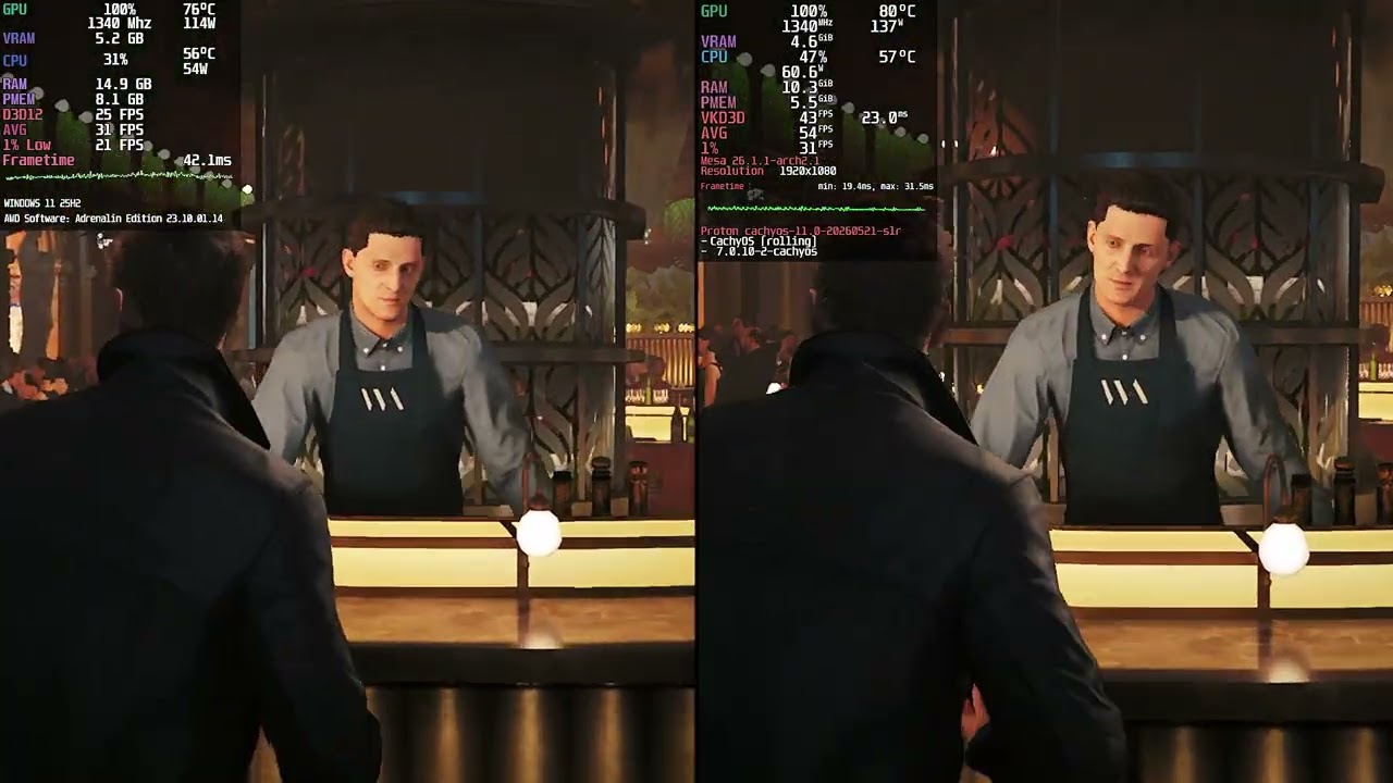 007 First Light - Uninvited, Gala entrance - RX 580 (Windows 11 vs CachyOS)