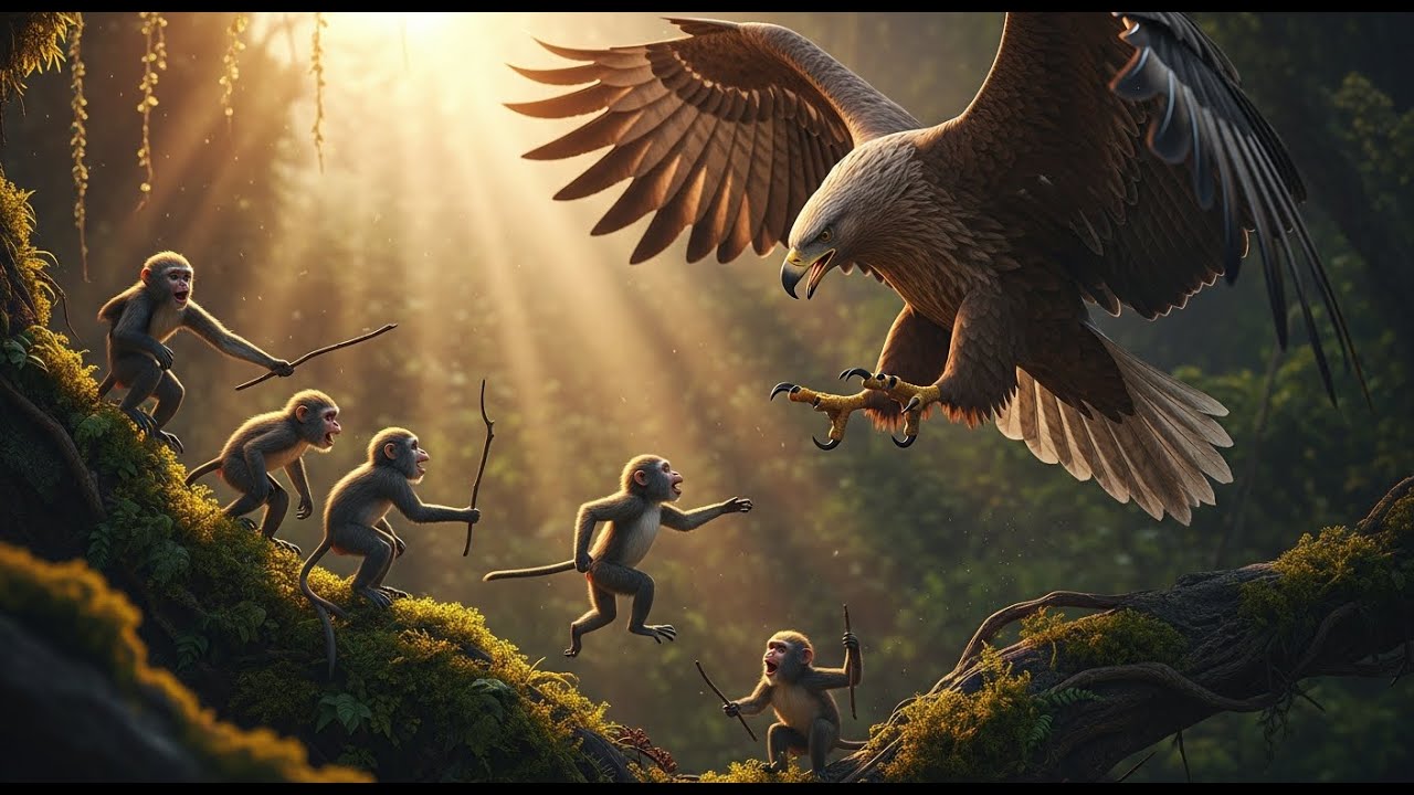 Life Millions of Years Ago Monkey Tribe Faces a Giant Eagle in a Brutal Survival Battle