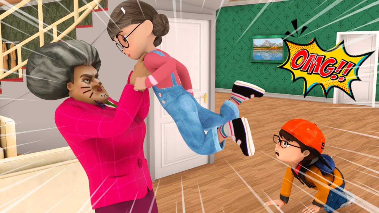Nick and Tani Funny Prank Paint On Miss T's Face Look like a Kitten  - Scary Teacher 3D Animation