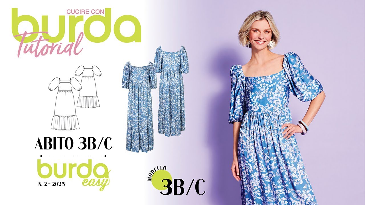 Cucire con Burda: Tutorial abito arricciato con volant 3B e 3C - Burda Easy 02/2025