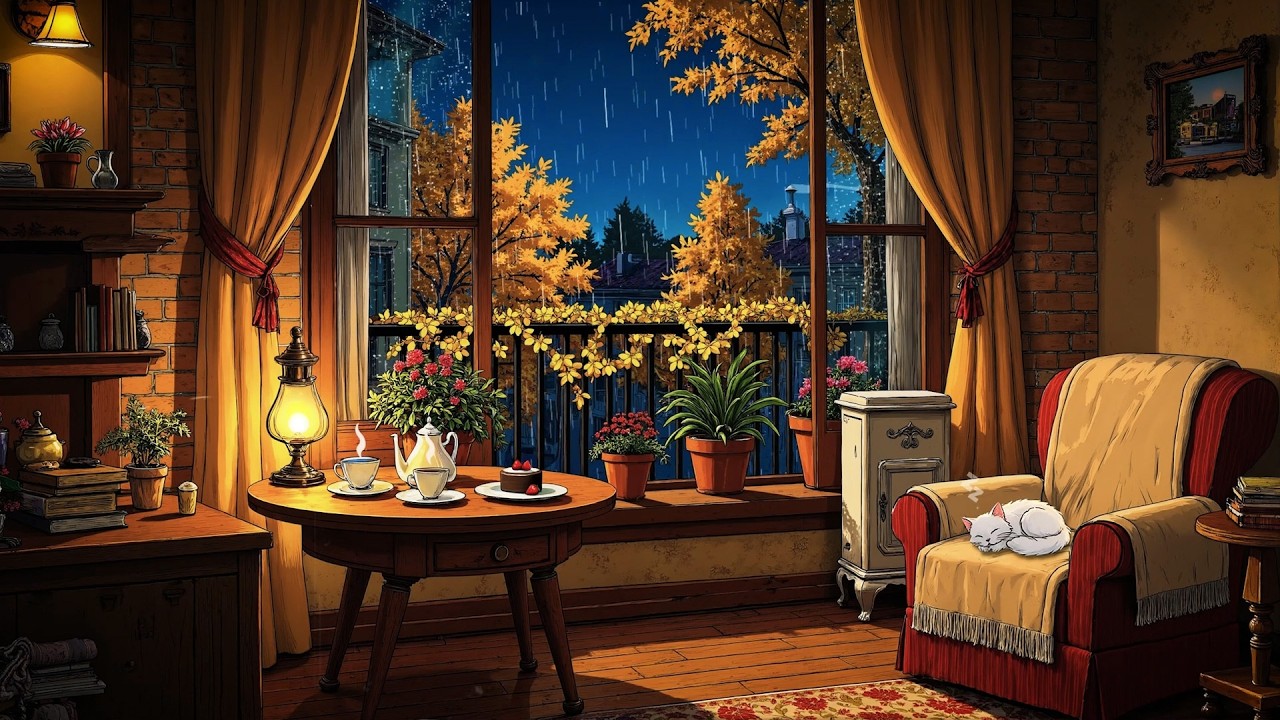 it's late-night and 1950s vintage oldies playing in another room (rain sound)