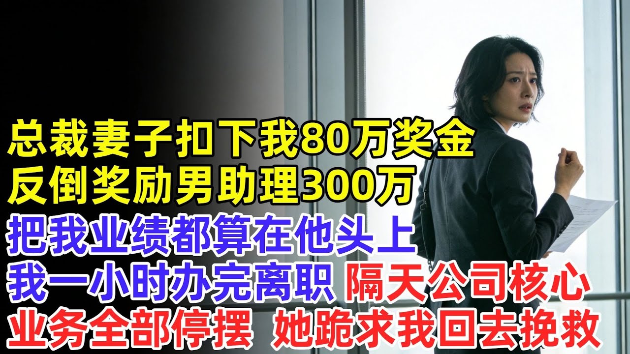 總裁妻子扣下我80萬獎金，反倒獎勵男助理300萬，把我業績都算在他頭上，我一小時辦完離職，隔天公司核心業務全部停擺，她跪求我回去挽救#奇聞#故事#完結文