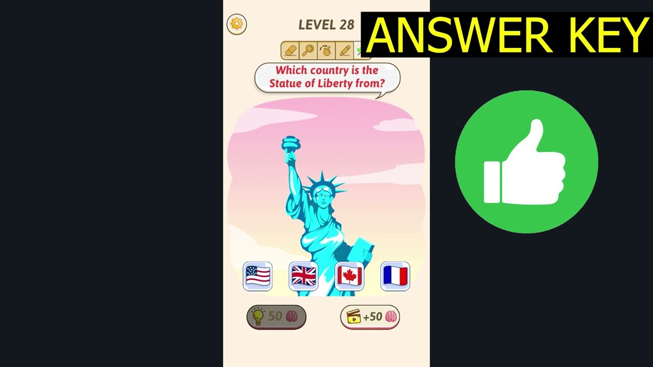 Tricky Quiz Brain Out Puzzle LEVEL 28 Which country is the statue of liberty from (ANSWER KEY)