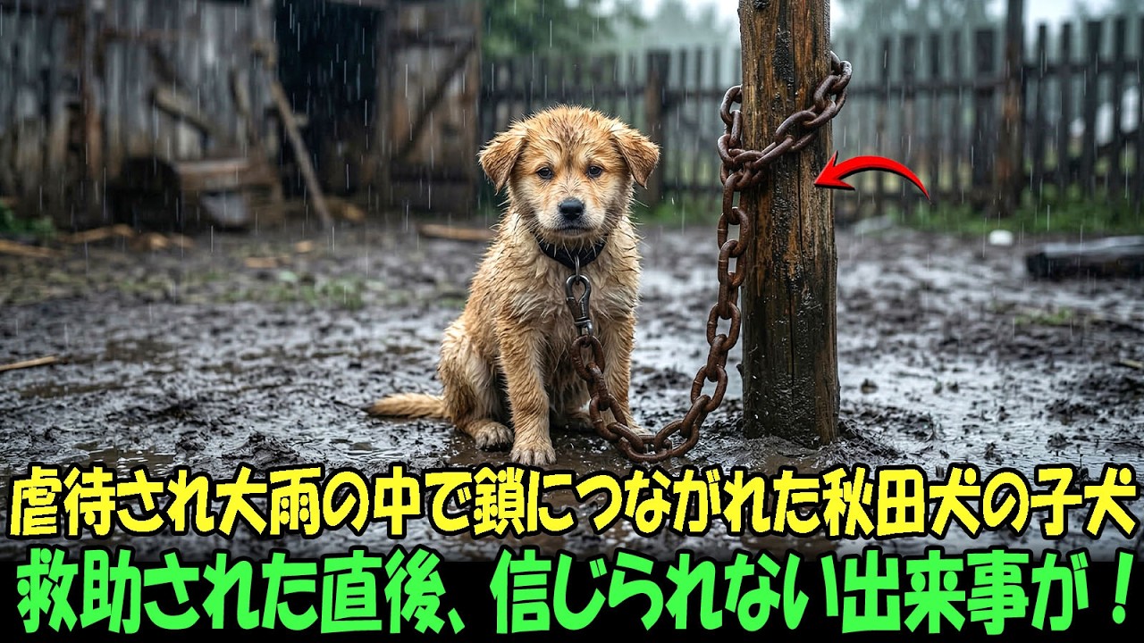 【奇跡の実話】虐待され、大雨の中で外に鎖でつながれていた秋田犬の子犬…。動物救助スタッフに発見されたその直後、信じられない出来事が起こった！